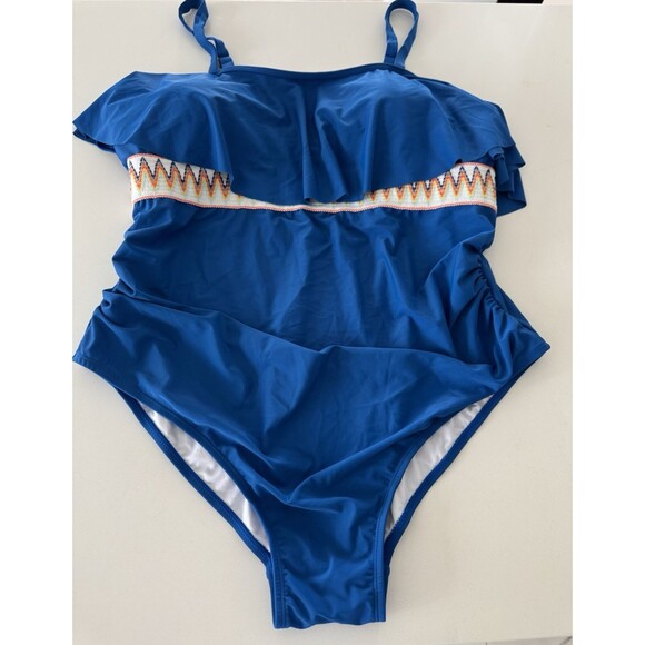 Womens Plus Size One Piece Swimsuit Ruffle Trim Tummy Control blue size 3X - Picture 7 of 16